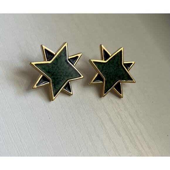 Vintage Yves Saint Laurent Gold YSL Green Enamel Starburst 80s Style RARE Studs - Picture 10 of 10